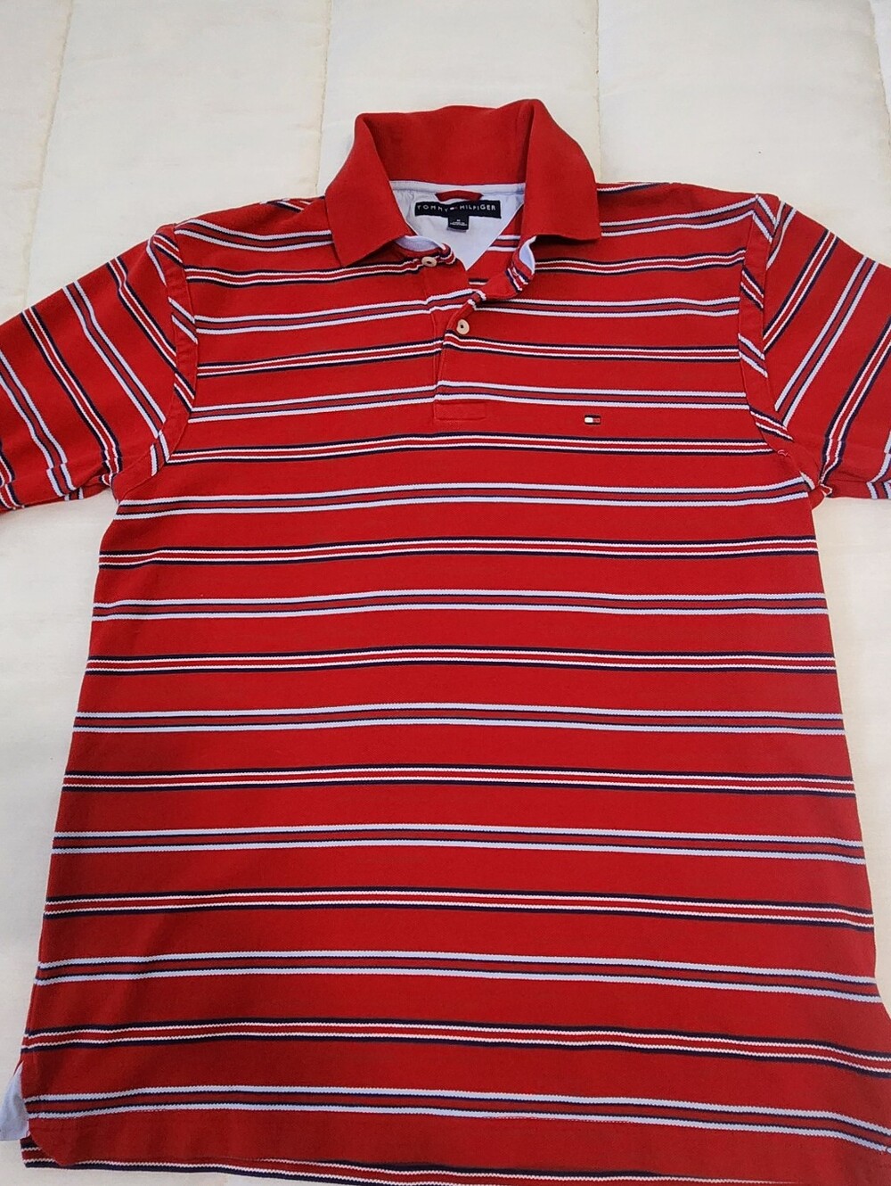 Tommy Hilfiger Red Crewneck Sweater with Navy and White Stripes. Size M.